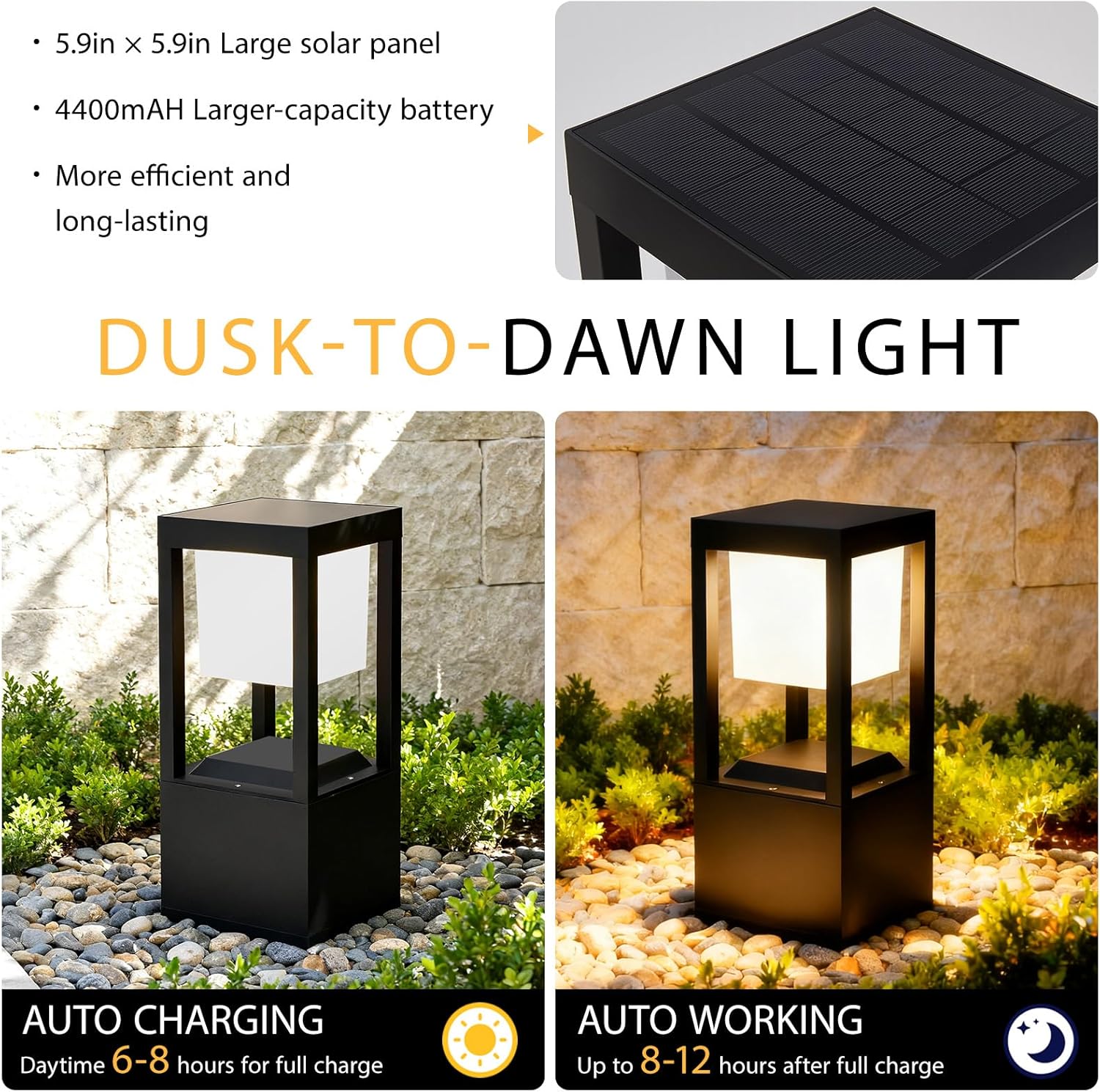 Solar panel detail and dusk-to-dawn lighting demonstration