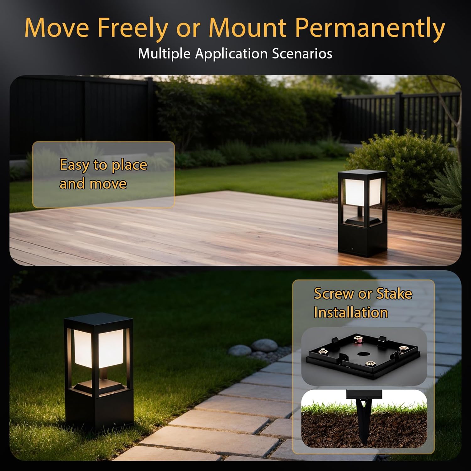Movable solar floor lamp and permanent mounting options