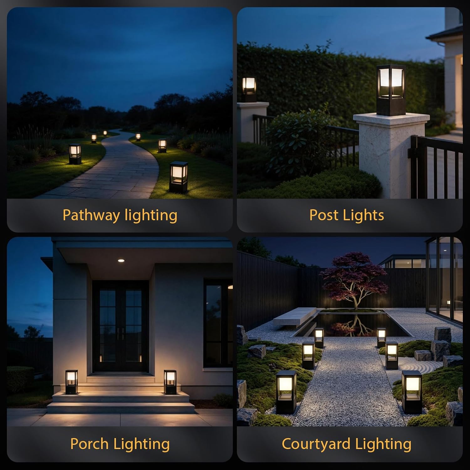 Solar lights used along paths, posts, porches and courtyards
